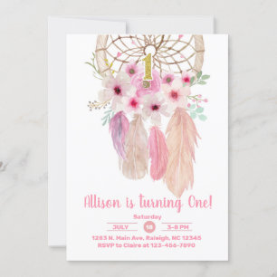 Pink Traumfänger Mädchen 1. Geburtstag einladen. Einladung