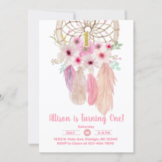 Pink Traumfänger Mädchen 1. Geburtstag einladen. Einladung