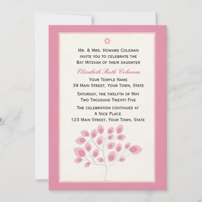Pink Tree, Bat Mitzvah Einladung (Vorderseite)