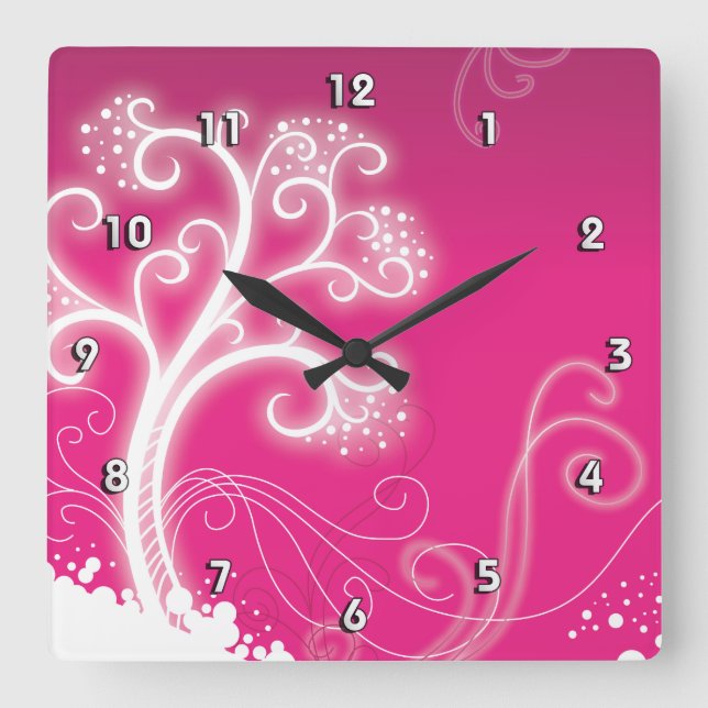 Pink Tree Niedlich Girly Retro Blumenmode Quadratische Wanduhr (Vorderseite)