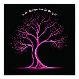 Pink Tree-Shaped Light Painting on Black Poster