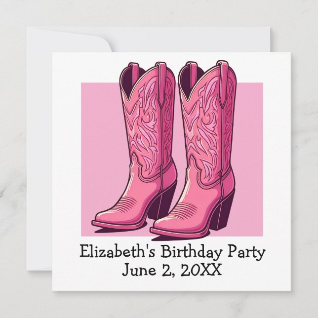 Pink Trendy Cowgirl Boots Girl Birthday Party Einladung (Vorderseite)