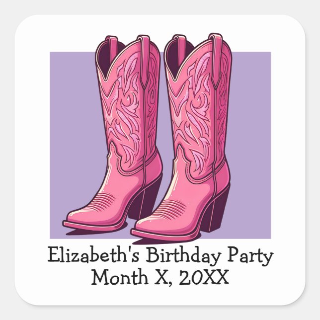 Pink Trendy Cowgirl Boots Girl Birthday Party Quadratischer Aufkleber (Vorderseite)