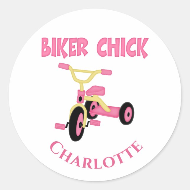 Pink Tricycle Biker Chick Runder Aufkleber (Vorderseite)