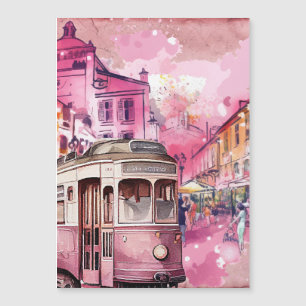Pink Trolly Car Cityscape Illustration Magnetkarte