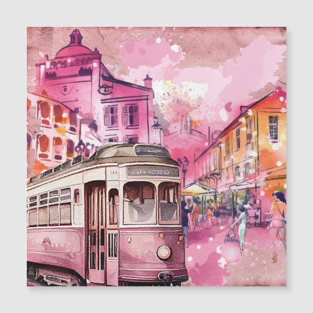 Pink Trolly Car Cityscape Illustration Magnetkarte (Vorderseite)