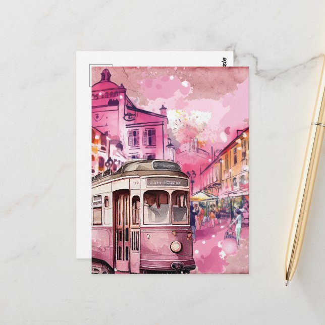Pink Trolly Car Cityscape Illustration Postkarte (Vorderseite/Rückseite Beispiel)
