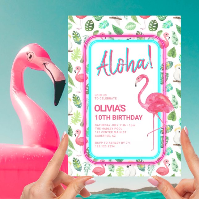 Pink Tropical Flamingo Aloha Geburtstag Einladung (Von Creator hochgeladen)
