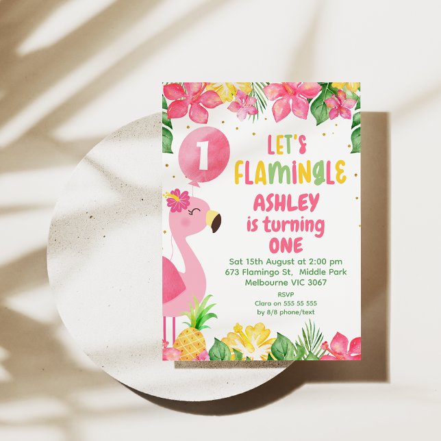 Pink Tropical Flamingo Lasse Flamingle 1. Geburtst Einladung (Let’s Flamingle Birthday Invitation, Summer birthday invite, Pink Flamingo Birthday Invite, Tropical)