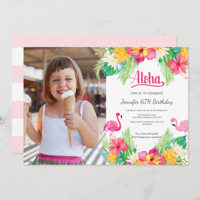 Pink | Tropical Flamingo Luau Foto Geburtstag Einladung (Vorne/Hinten)