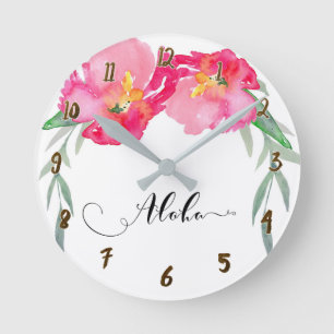 Pink Tropical Floral Flowers Aloha Chic Runde Wanduhr