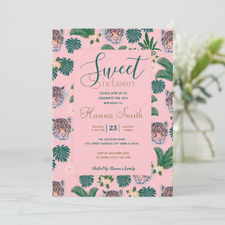 Pink Tropical Floral Foliage and Leopard Faces Einladung