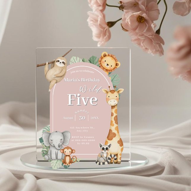 Pink Tropical Jungle Safari Geburtstag von Tieren Acryleinladungen (Von Creator hochgeladen)