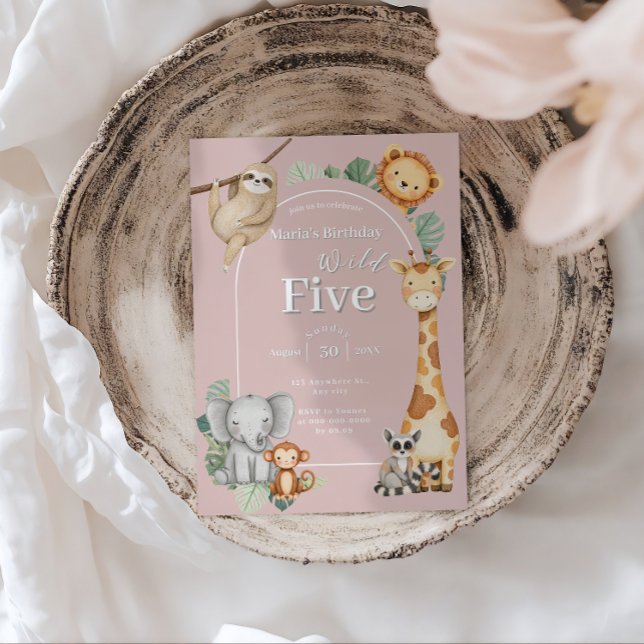 Pink Tropical Jungle Safari Geburtstag von Tieren Einladung (Von Creator hochgeladen)