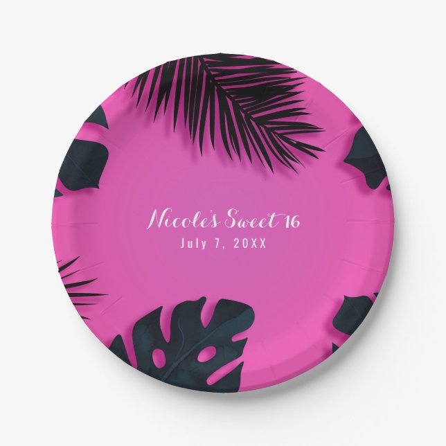 Pink Tropical Palm Blätter Luau Party Sommerchic Pappteller (Vorderseite)
