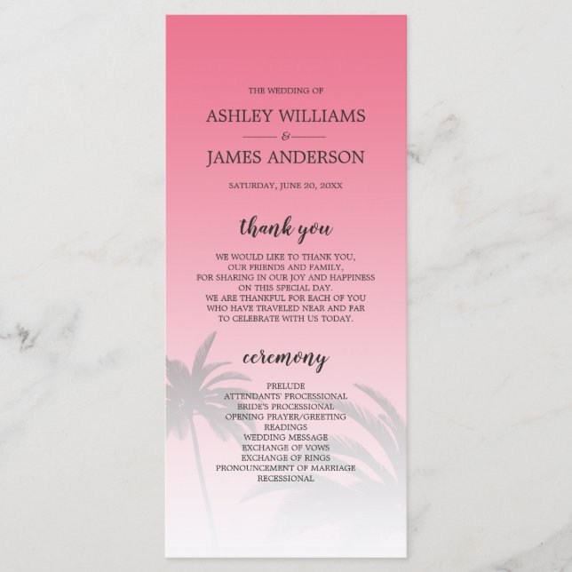 Pink Tropical Palm Tree Beach Hochzeit Programm (Vorderseite)