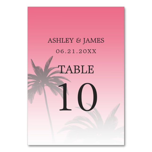 Pink Tropical Palm Tree Beach Hochzeit Tischnummer (Vorderseite)