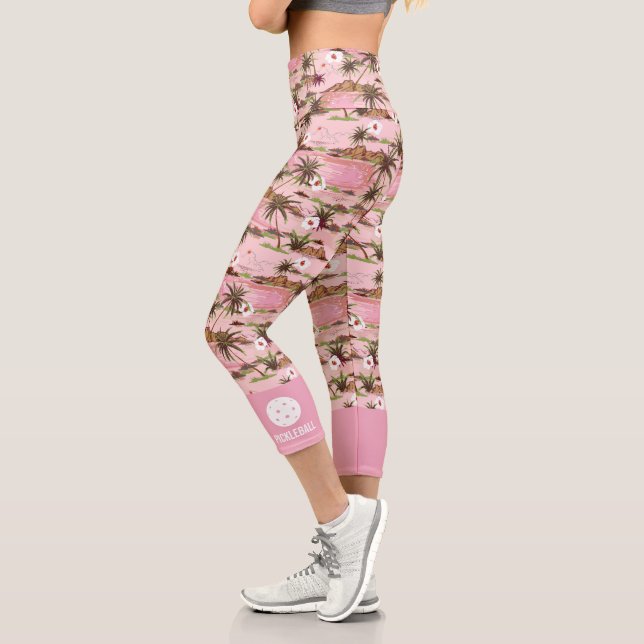 Pink Tropical Palm Trees Custom Text Pickleball Capri Leggings (Links)