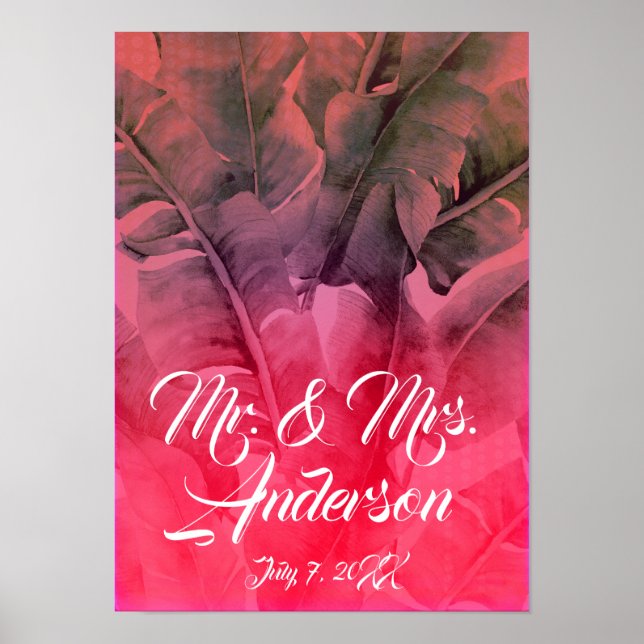 Pink Tropical Summer Palm Blätter Beach Wedding Poster (Vorne)