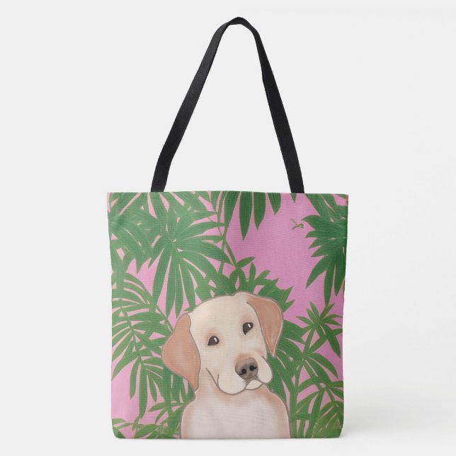 Pink Tropical Tote Bag mit Gelbe Labrador (Vorderseite)