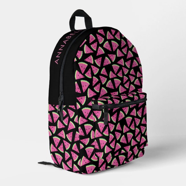 Pink Tropical Watermelon Pattern Bedruckter Rucksack (Rückseitige Ecke links)