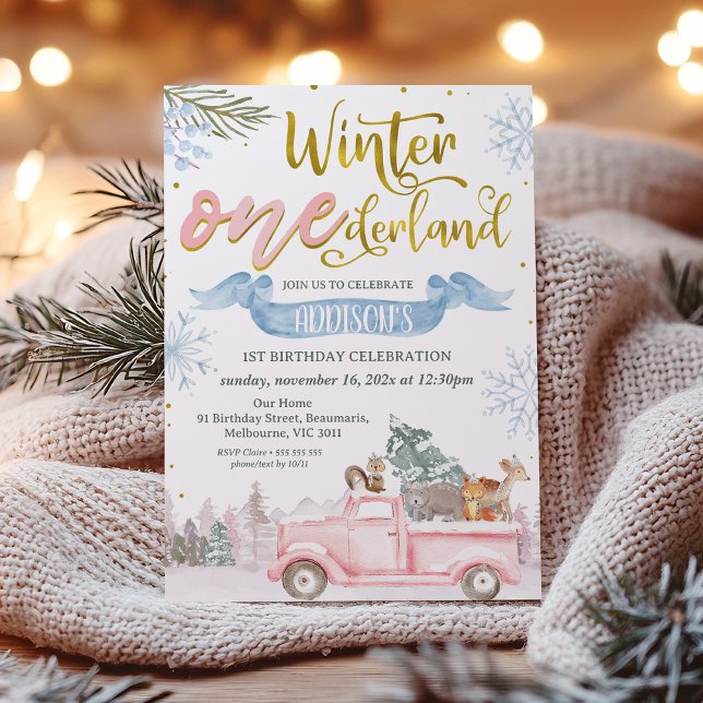 Pink Truck Banner Winter Onederland 1. Geburtstag Einladung (Girls Winter Onederland 1st Birthday Invitation, Winter Themed First Birthday Girl, Woodland Animals)