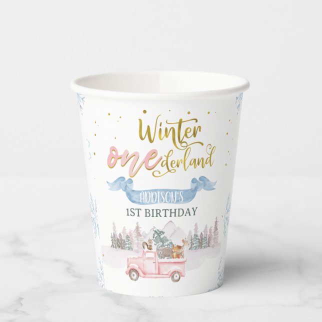 Pink Truck Banner Winter Onederland Birthday Cups Pappbecher (Links)