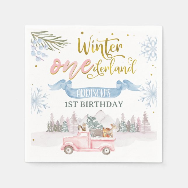 Pink Truck Banner Winter Onederland Birthday Serviette (Vorderseite)