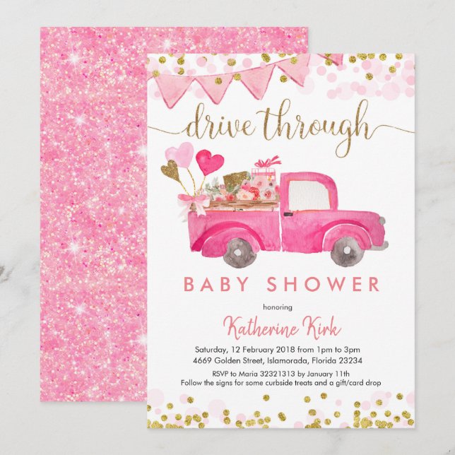 Pink Truck Drive durch Babydusche Einladung (Vorne/Hinten)