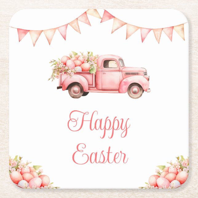 Pink Truck Easter Egg Hunt Rechteckiger Pappuntersetzer (Vorderseite)