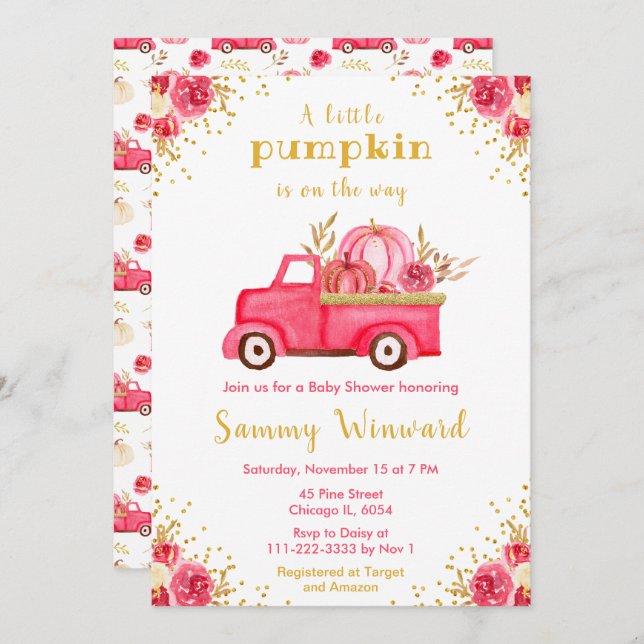 Pink Truck Fall Pumpkin Baby Dusche Einladung (Vorne/Hinten)