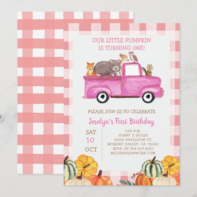 Pink Truck Pumpkin Animals 1. Geburtstag Einladung (Vorne/Hinten)