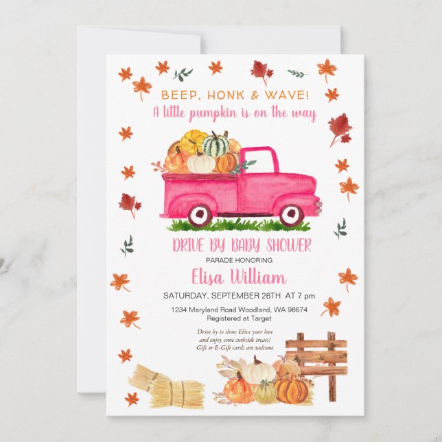 Pink Truck Pumpkin Fall Drive by Baby Dusche Einladung (Vorderseite)