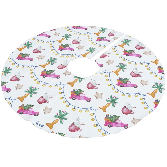 Pink Trunk Hot Cocoa Illustration Polyester Weihnachtsbaumdecke (Schrägansicht)