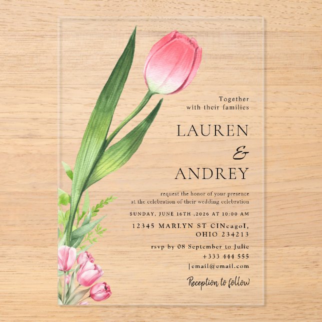 Pink Tulip Acrylic Wedding Invitation Acryleinladungen (Vorderseite)