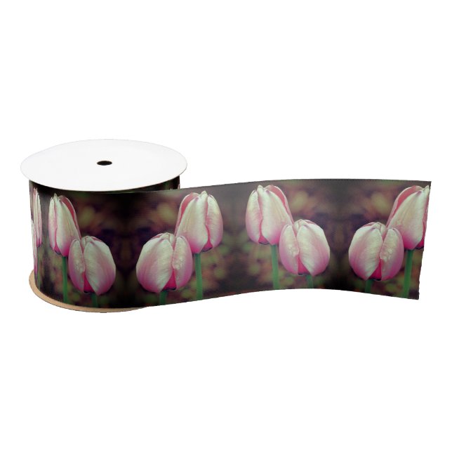 Pink-Tulip-Blume mit Regentropfen Satinband (Spule)