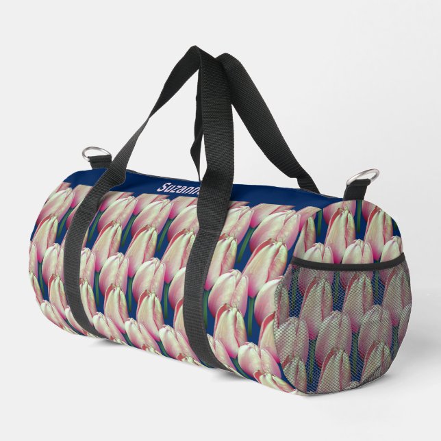 Pink Tulip Blume Muster Personalisiert Duffle Bag (Rechte Ecke)