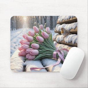Pink Tulip Bouquet und Robin Auf einer schneebedec Mousepad