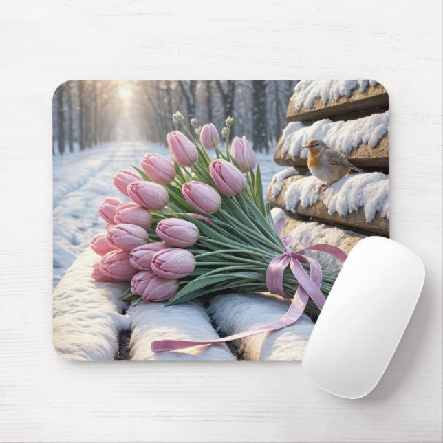 Pink Tulip Bouquet und Robin Auf einer schneebedec Mousepad (Mit Mouse)
