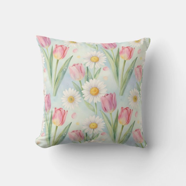 Pink Tulip Daisy Watercolor Spring Pattern Kissen (Vorderseite)