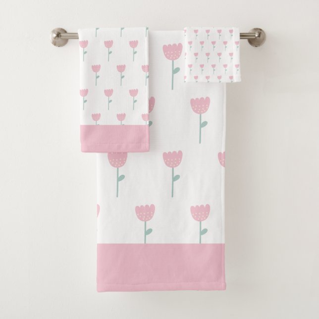 Pink Tulip Floral Minimalistisch Einfach Girl Nied Badhandtuch Set (Insitu)