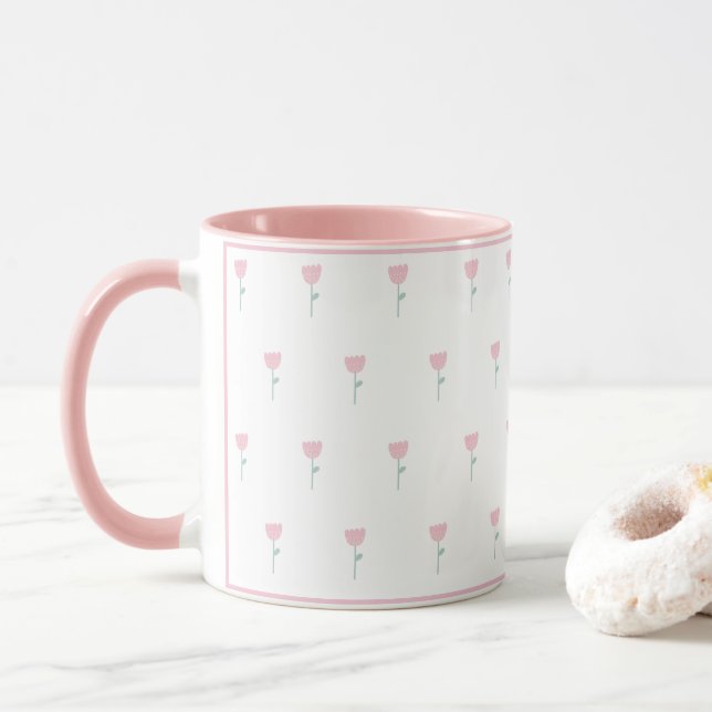 Pink Tulip Floral Minimalistisch Einfach Girl Nied Tasse (Mit Donut)