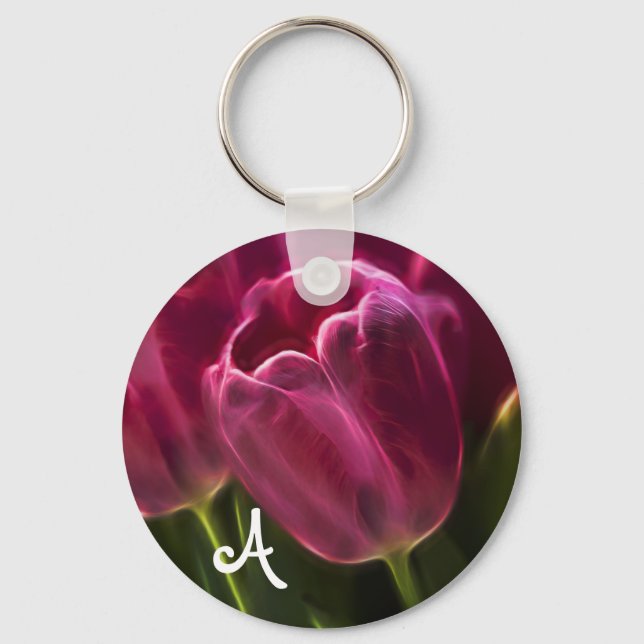 Pink-Tulip-Fraktal mit Monogramm Schlüsselanhänger (Vorderseite)