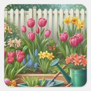 Pink Tulip Garden Floral Quadratischer Aufkleber