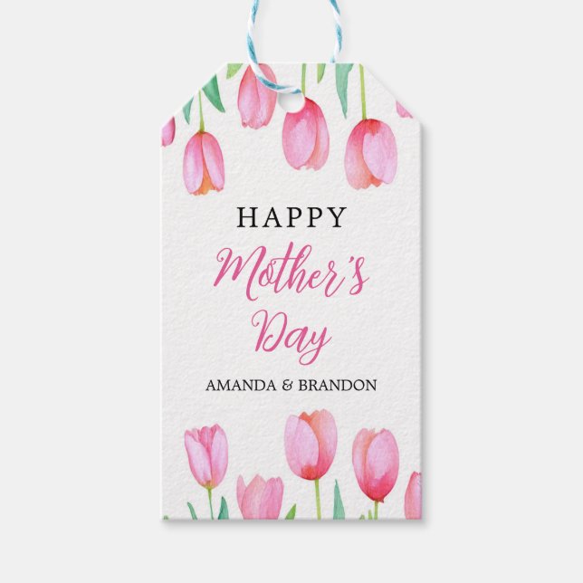 Pink Tulip Mutter Tagesdesign mit Kindernamen Geschenkanhänger (Vorderseite)