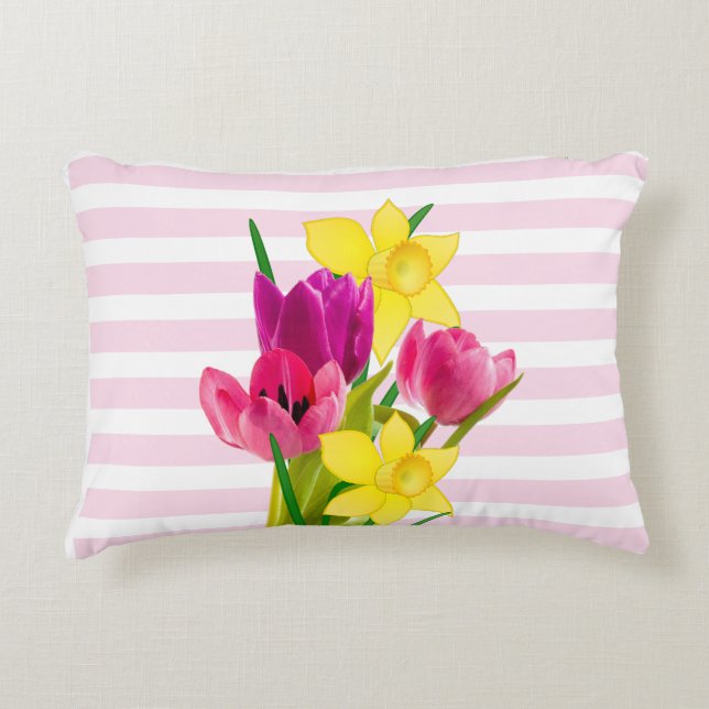 Pink Tulips and Daffodis Blume Akzent Kissen (Vorderseite)