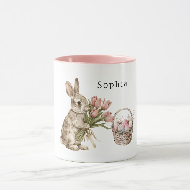 Pink Tulips Bunny Rabbit Easter Eggs Basket Tasse (Zentrum)