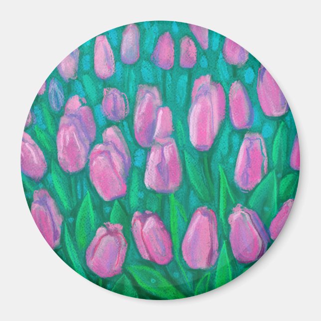 Pink Tulips Field, Frühlingsblumen Blumengemälde Magnet (Vorne)