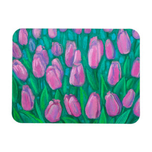 Pink Tulips Field, Frühlingsblumen Blumengemälde Magnet