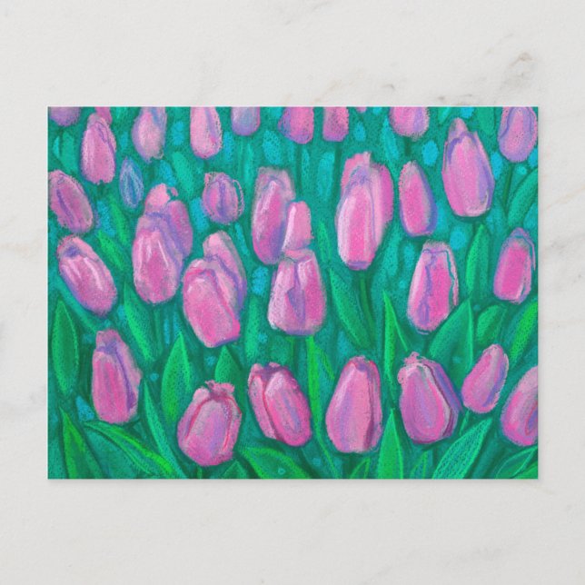 Pink Tulips Field, Frühlingsblumen Blumengemälde Postkarte (Vorderseite)